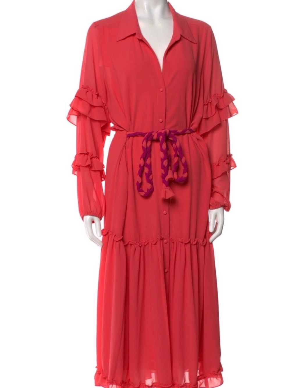 Misa Los Angeles Coral-Red Long Sleeve Tiered Maxi Dress with Braided Belt
